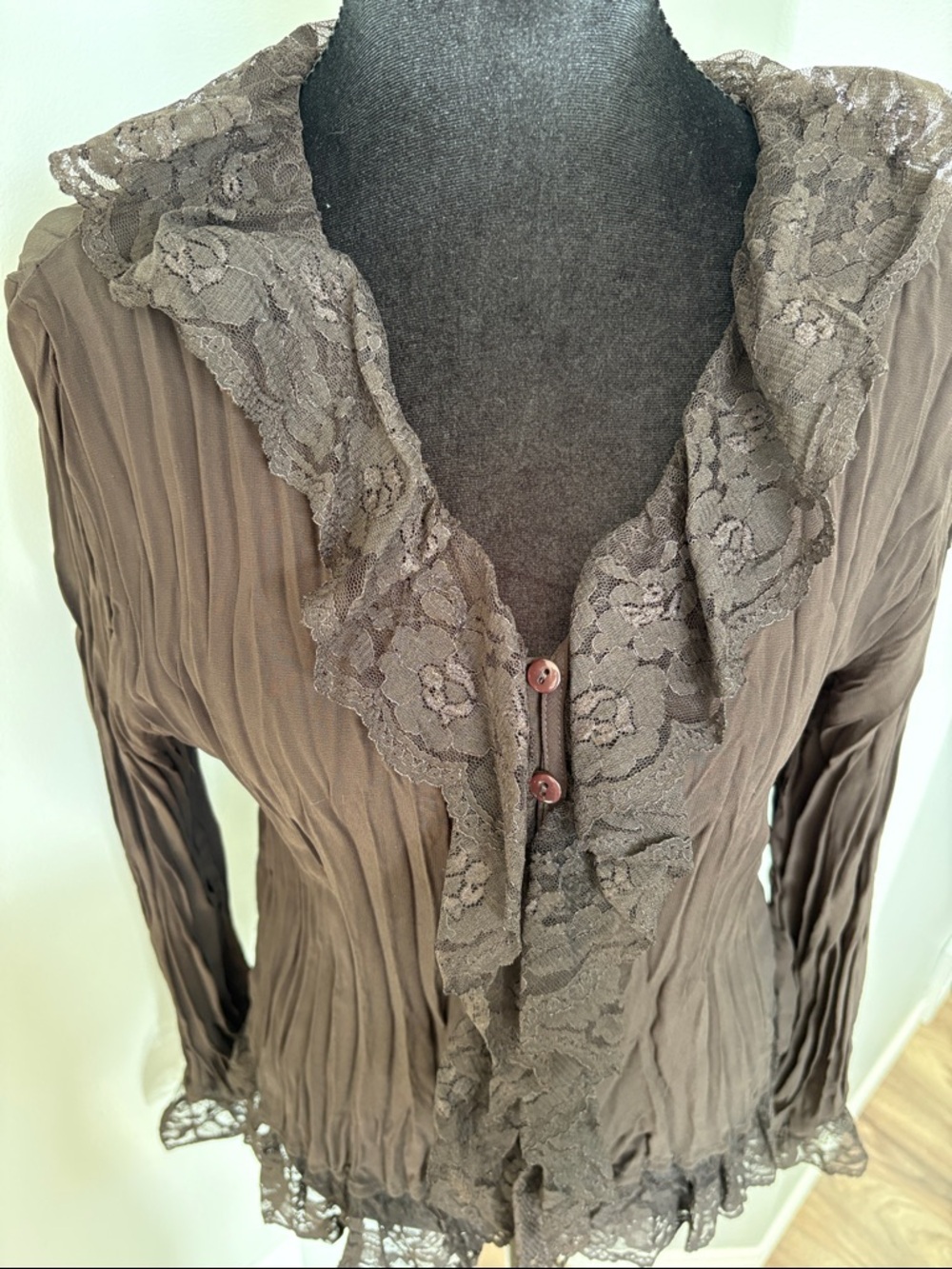 Brown Lace Ruffle Button-Front Blouse - Picture 3 of 5
